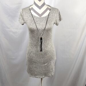 Pinc Gray Knit Dress with Faux Leather & Gold Necklace.